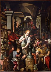 De werkplaats van de alchemist door Jan van der Straet