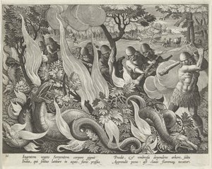 Slangen vangen in India met knuppels en fakkels om het struikgewas te verlichten, plaat 44 uit Venationes Ferarum, Avium, Piscium (Over de jacht: wilde dieren, vogels, vissen) uitgegeven 1640 door Jan van der 1523 1605 Straet