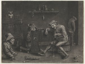 Interieur met urinerende man, brakende man, een dwerg en een bedelaar