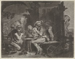 Kaartspelers en een plassende man door Jan van der Bruggen