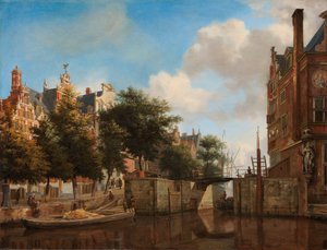 Stadsgezicht van Amsterdam met Huizen aan de Herengracht en de oude Haarlemmersluis