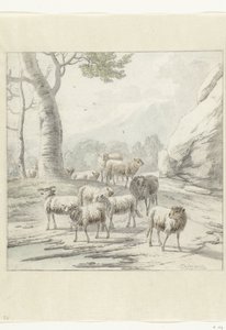 Landschap met een kudde schapen bij een boom door Jan van der Meer (II)