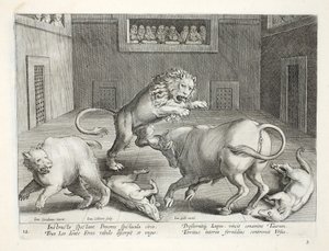 Edelmannen kijken naar gevechten van wilde dieren in een binnencircus, illustratie uit 