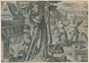 Het vangen van een zwerm bijen op een boerenerf door Jan van der Straet