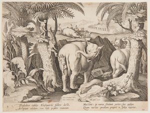 Holbewoners die olifanten achtervolgen, plaat 3 uit de serie Venationes Ferarum, Avium, Piscium