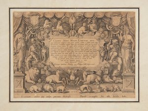 Opdrachtpagina van de set "Mediceae familiae rerum feliciter gestarum Victoria et triumphi" door Jan van der Straet, called Stradanus