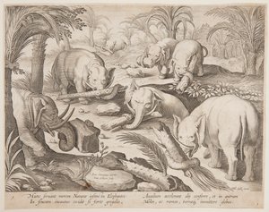 Olifanten Helpen Elkaar uit een Val, plaat 1 uit de Venationes Ferarum, Avium, Piscium serie door Jan van der Straet, called Stradanus