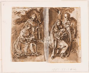 Halve pagina van een schetsboek; Maagd en kind en een derde figuur door Jan van der Straet, called Stradanus