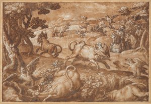 Mannen die Stieren Jagen met Adelaars door Jan van der Straet, called Stradanus