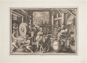 Oleum Olivarum (De productie van olijfolie), plaat 12 in de Nova Reperta (Nieuwe uitvindingen van moderne tijden)