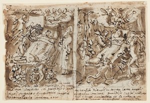 Pagina uit een schetsboek; Hemelse krachten helpen vrome; Schets voor portret van heilige; Decoratie van fronton door Jan van der Straet, called Stradanus