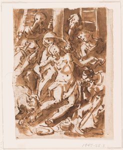 Pagina van een schetsboek; Maria houdt het lichaam van Christus aan de voet van het kruis door Jan van der Straet, called Stradanus