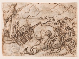 Pagina van een schetsboek: Odysseus passeert de Sirenen (recto); Odysseus in de Onderwereld (verso) door Jan van der Straet, called Stradanus