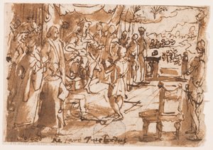 Recto: Jozef die de dromen van de farao uitlegt, voorlopige ontwerp voor plaat 2, "Spiritus Intellectus" (De Geest van Intellect) in de serie "De Zeven Gaven van de Heilige Geest"; Verso: inscriptie met betrekking tot de prentserie van het "Leven van Johan door Jan van der Straet, called Stradanus