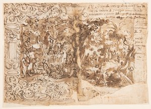 Recto: Wandtapijtontwerp met Johannes de Doper die Predikt (of Christus tussen de omstanders); Verso: inscriptie