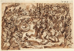 Recto: De Romeinse consul Attilius Regulus vecht tegen een gigantische Afrikaanse slang, uit Plinius