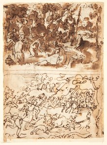 Recto, boven: Diana en Actaeon; Recto, onder: Zwijnenjacht; Verso, boven: studies van twee mannelijke hoofden; Verso, onder: Ontmoeting van Anna en Joachim bij de Gouden Poort, De besnijdenis van het Christuskind door Jan van der Straet, called Stradanus
