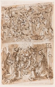 Recto, boven: Jonge St. Johannes de Doper geleid door engelen in de woestijn; Recto, onder: Sacra Conversazione met Sts. Barbara en Catherine; Verso, boven: Kruisiging; Verso, onder: Christus geneest verlamden bij het bad van Bethesda door Jan van der Straet, called Stradanus