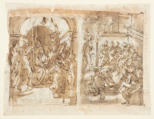 Recto, links: De Bespotting van Christus; Recto, rechts: Christus wast de Voeten van de Apostelen; Verso: Executie van Mary Stuart, Koningin van Schotland in 1587 door Jan van der Straet, called Stradanus