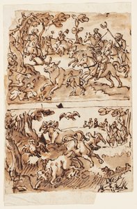 Schetsboekpagina met Stierenjachten door Jan van der Straet, called Stradanus