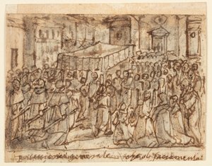 Schetsboekpagina met processie met de hostie en pontificale mis door Jan van der Straet, called Stradanus