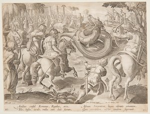 De Romeinse consul Attilius Regulus vecht tegen een gigantische Afrikaanse slang, plaat 25 in de Venationes Ferarum serie