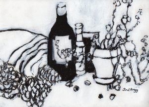 Stilleven met olijfolie en dennenappels
