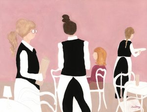 Serveersters van Café Sabarsky in roze en beige, ca. 2024 (watermedia op papier) door Janel Bragg
