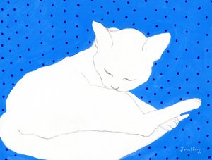 Witte kat op blauw met stippen door Janel Bragg