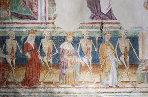 Hrastovlje versterkte kerk, Drievuldigheidskerk, Dood vergezelt Paus en Koningin, Dodendans (1490), detail van fresco