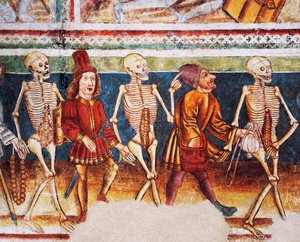 Hrastovlje versterkte kerk, Drievuldigheidskerk, Dood begeleidt koopman en rijke bankier, Dodendans (detail) door Janez Kastav