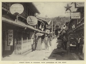 Straatscène in Nagasaki, met Jinrikishas aan de rechterkant