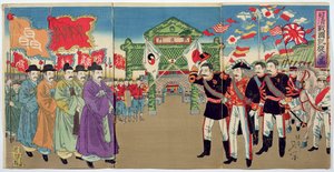 Een ontmoeting tussen Japanse officieren en Koreaanse functionarissen, een episode uit de Chinees-Japanse oorlog, eind 19e eeuw