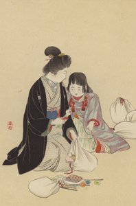 Een Moeder en haar Meisje die Cadeaus regelen om naar het Front te sturen door Japanese School
