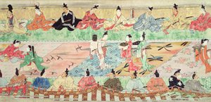 Banketscène uit een geschilderde handrol van het Verhaal van Muramatsu, vroege 17e eeuw door Japanese School
