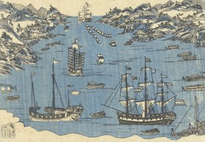 Bunkindo print van buitenlandse schepen in de haven van Nagasaki, 1800-50