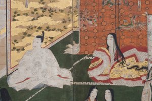 Detail van Lente in het Paleis, zesdelig scherm uit Het Verhaal van Genji, c.1650 (inkt, kleuren & goud op papier) door Japanese School