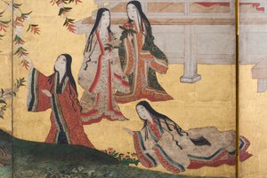 Detail van Lente in het Paleis, zesdelig scherm uit Het Verhaal van Genji, c.1650 (inkt, kleuren & goud op papier) door Japanese School