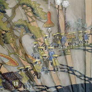 Waaier met beschermkap en zwartgelakte lamellen met parelmoer inleg waarop processie is afgebeeld door Japanese School