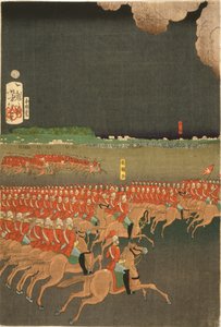 Franse en Britse troepen bezig met militaire trainingsmanoeuvres, Yokohama, Japan. Britse cavalerieoefening. Deel van drieluik door Taiso Yoshitoshi (1839-1892) Japanse Ukiyo-e kunstenaar. Paard door Japanese School