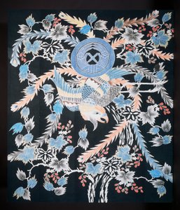 Futonji bedsprei met motieven van feniks, paulownia en narcissen, katoen, geverfd met indigo, pigment en inkt