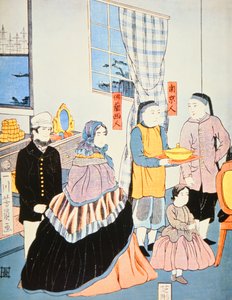 Japanse prent c.1870 met Europese bezoekers aan Japan