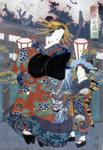 Japanse prent: vrouw en kind, n.d.