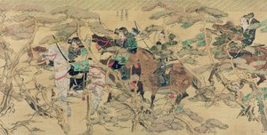 Japanse soldaten te paard rijden door een dennenbos tijdens de Mongoolse invasie van Japan in 1274, illustratie uit Kokka magazine, mei 1921