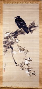 Kakemono (rol van papier of zijde, verlengd in hoogte) die een raaf (kabasu), boodschapper van de goden, voorstelt. 18e eeuw. Genua, Museo Chiossone.