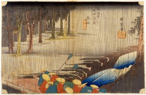 Landschap in de regen. Japanse prent. 19e eeuw.