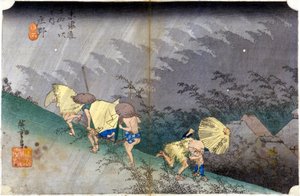 Landschap in de regen. Japanse prent. 19e eeuw