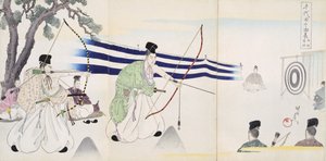 Adel oefent boogschieten, uit een album van houtsneden (kleur houtsnede) door Japanese School