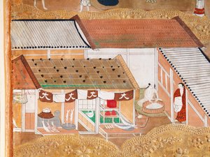 Osakazu Byobu - Japans kamerscherm met acht panelen (schilderij) door Japanese School
