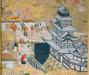 Osakazu Byobu - Japans kamerscherm met acht panelen (schilderij) door Japanese School